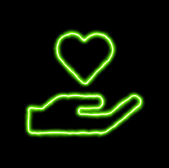 green neon symbol hand holding heart