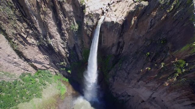 Aerial tilt down shot of the Basaseachi waterfall in the Candamena Canyon, Chihuahua