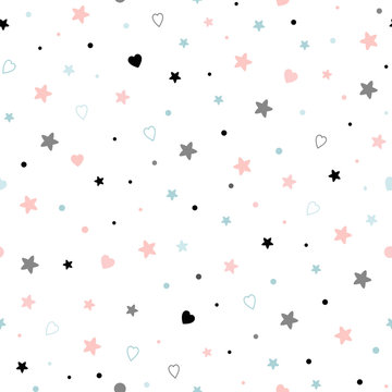 Seamless cute baby pattern with stars hearts Kids texture fabric wallpaper background Vector illustration