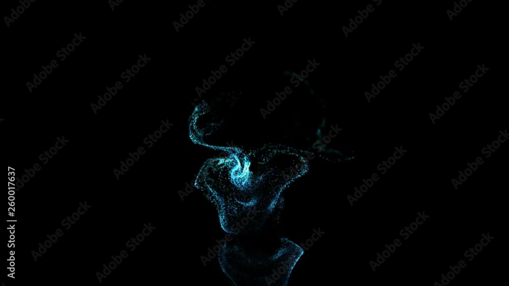 Poster 4k glow particles move in a stream of liquid in front of the camera in slow motion. 3d ink effect fo
