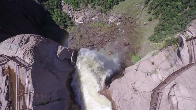 Aerial tilt down drone shot on the top of Basaseachi waterfall in the Candamena Canyon, Chihuahua