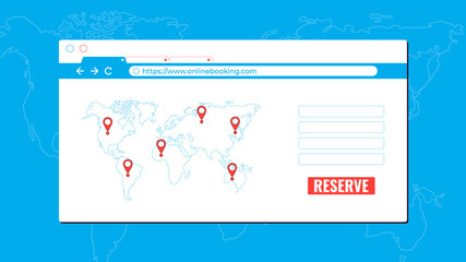 Tickets and hotels online booking concept. Service booking tickets and hotels on the background of the world map. Vector illustration
