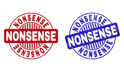 Grunge NONSENSE round stamp seals isolated on a white background. Round seals with grunge texture in red and blue colors. Vector rubber overlay of NONSENSE caption inside circle form with stripes.