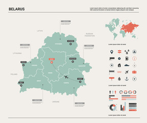 Obraz premium Vector map of Belarus . High detailed country map with division, cities and capital Minsk. Political map, world map, infographic elements.