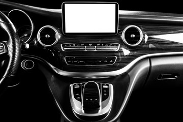 Monitor in car with isolated blank screen use for navigation maps and GPS. Isolated on white with...