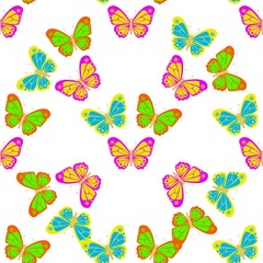 Several beautiful multicolored butterflies on the background. Seamless Wallpaper pattern.  The ability to stretch to any size in all directions without loss of quality.  Vector illustration. 