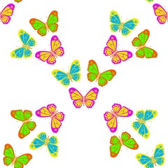 Obraz premium Several beautiful multicolored butterflies on the background. Seamless Wallpaper pattern. The ability to stretch to any size in all directions without loss of quality. Vector illustration. 