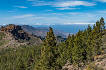 A mountain landscape. There are pine trees in the foreground, and a village in the distance next to the ocean. Tenerife and mount Teide are visible across the water, from Gran Canaria.