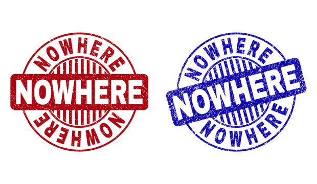 Grunge NOWHERE round stamp seals isolated on a white background. Round seals with grunge texture in red and blue colors. Vector rubber overlay of NOWHERE tag inside circle form with stripes.