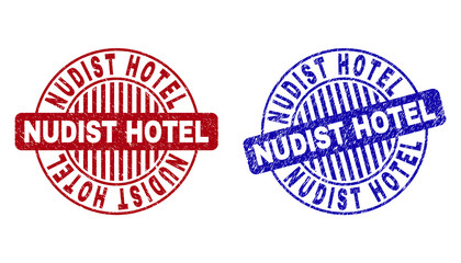 Grunge NUDIST HOTEL round stamp seals isolated on a white background. Round seals with distress texture in red and blue colors.