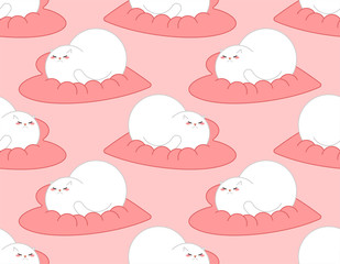 Cat on heart pattern seamless. Pet sleeping soft love background. Cute baby cloth texture vector