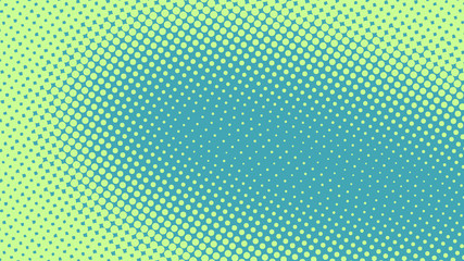 Blue green pop art background in comics style with halftone dots design, vintage kitsch vector backdrop with isolated dots