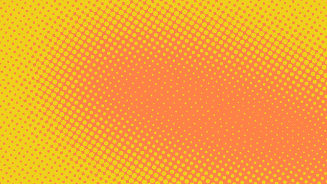 Yellow and orange pop art background in comics style with halftone dots design, vintage kitsch vector backdrop with isolated dots