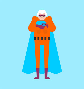 Grandmother superhero isolated. Super Grandma. Superpowers old woman. Cartoon style vector