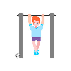Fototapeta na wymiar Boy on horizontal bar. Pull up kid street workout. Child fitness Sport illustration cartoon style
