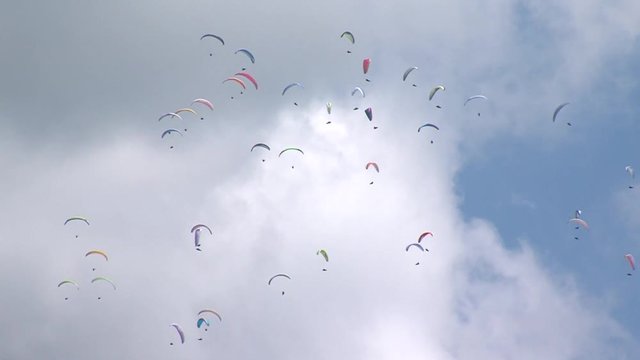 Large group of paragliders with colorful parachutes fly high in cloudy and blue sky, competition in summer.
