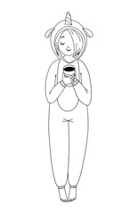 Girl's wearing sleepwear and holding a cup of tea. Black and white outline isolated illustration on a whithe background.