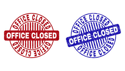 Grunge OFFICE CLOSED round stamp seals isolated on a white background. Round seals with distress texture in red and blue colors.