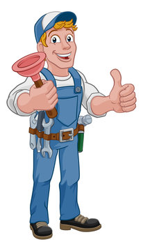 Plumber or handyman cartoon mascot holding a plumbing drain or toilet plunger.Giving a thumbs up.