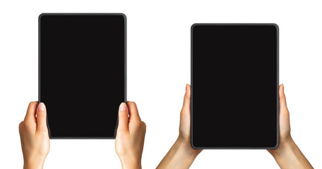 Set of mockups of black tablets in women's hands, concept of taking photo