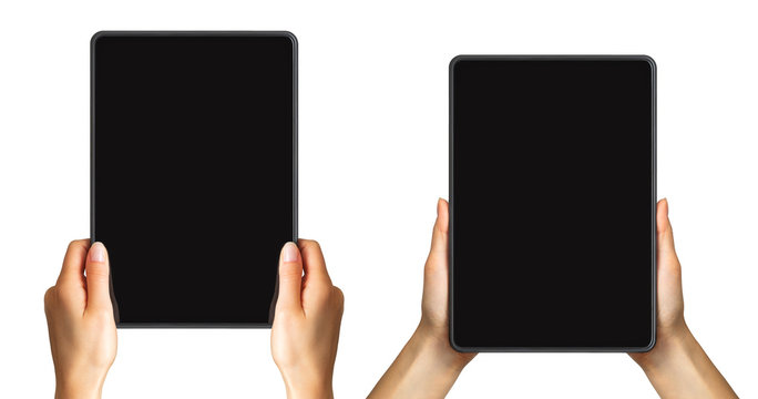 Set Of Mockups Of Black Tablets In Women's Hands, Concept Of Taking Photo