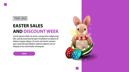 Easter sale and discount week, modern purple horizontal discount banner with button and Easter Bunny in egg