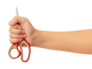 Human hand holding scissors gesture isolate on white background with clipping path, High resolution and low contrast for retouch or graphic design