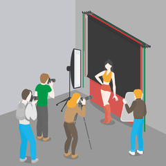 Isometric Photographer Shooting Fashion Model in Photo Studio with Assistant. Photography school class, education courses. Photo tutorial. Photostudio interior and equipment. Backdrop and Light