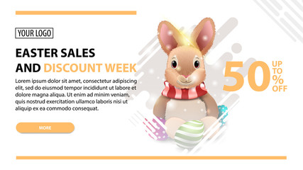 Easter sales and discount week, modern white horizontal discount banner with button and Easter bunny