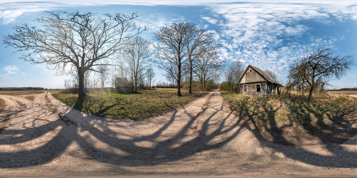 full seamless spherical hdri panorama 360 degrees angle view near abandoned wooden house in village near huge oak in equirectangular projection, ready AR VR virtual reality content
