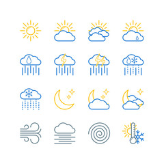 Weather forecast line icons set. 16 symbols isolated on white background. Vector illustration EPS10.