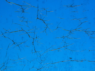 A crack surface of glass window with blue sky color at the background.