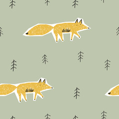 Childish seamless pattern with cute fox and forest. Vector texture in childish style great for fabric and textile, wallpapers, backgrounds.
