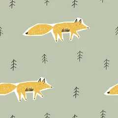 Foto auf Alu-Dibond Waldtiere Kindisches nahtloses Muster mit süßem Fuchs und Wald. Vektortextur im kindlichen Stil, ideal für Stoffe und Textilien, Tapeten, Hintergründe.