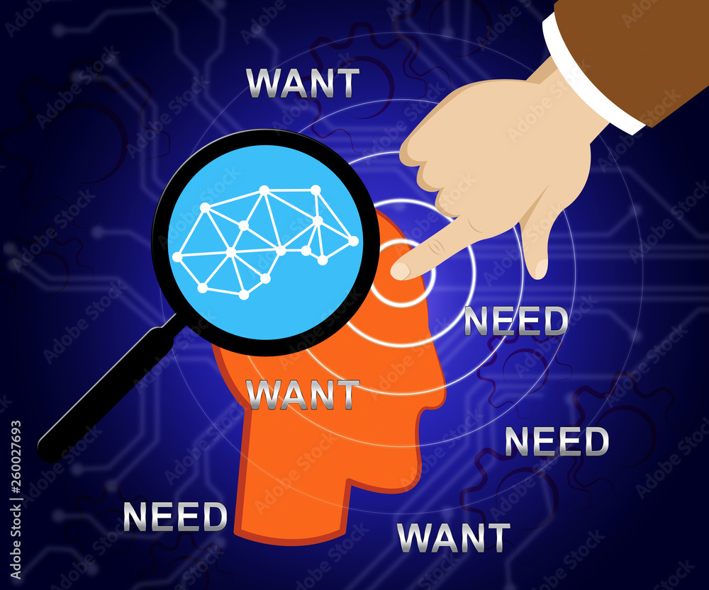 Poster need versus want words depicting wanting something compared with needing it - 3d illustration