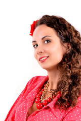 young girl with a red necklace,  hairpin, on a white background