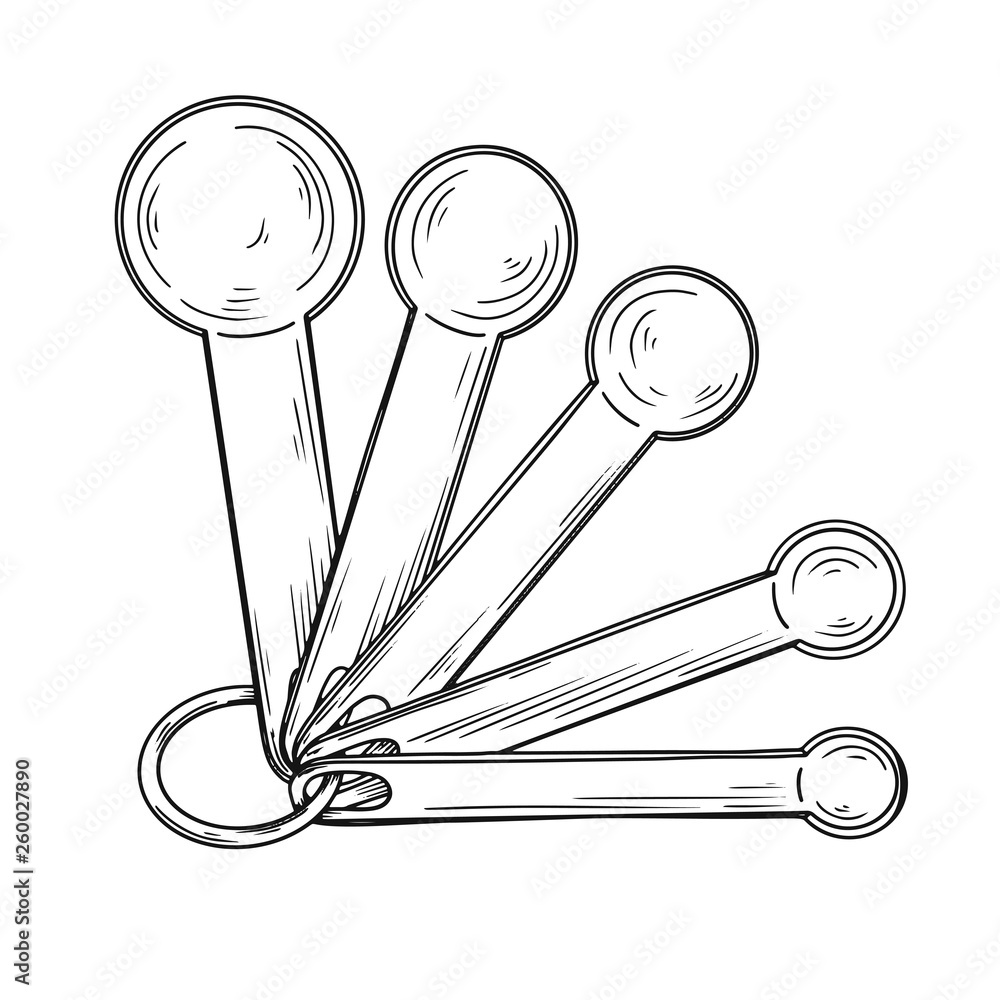 Poster sketch of different measuring spoons isolated on white background. vector