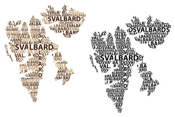 Sketch Svalbard letter text map, Svalbard (Kingdom of Norway,  Norwegian archipelago) - in the shape of the continent, Map Spitsbergen, Nordaustlandet and Edgeoya - black and brown vector illustration