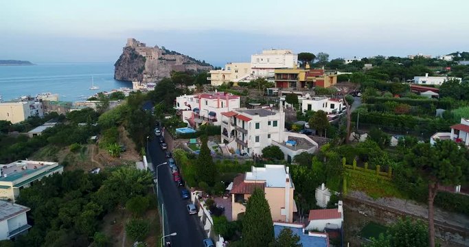 Aerial of the colorful island of Ischia, Italy. 4k drone