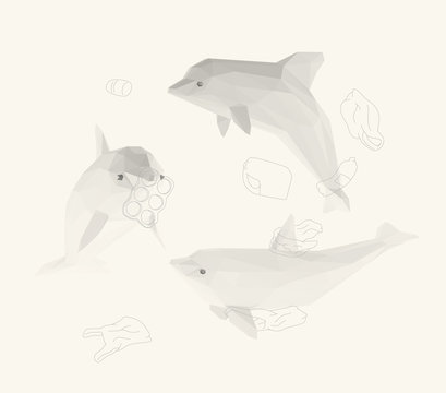Light Dolphin. Set of Isolated White Dolphins and Ocean Pollution on White Background. Low Poly Vector 3D Rendering