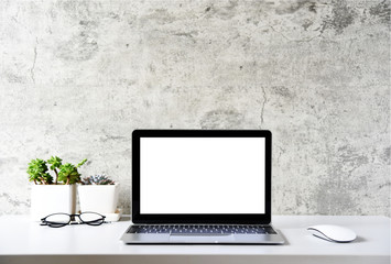 Fototapeta premium blank screen Modern laptop computer with mouse,Smart phone and Succulent on wood table in office view backgrounds