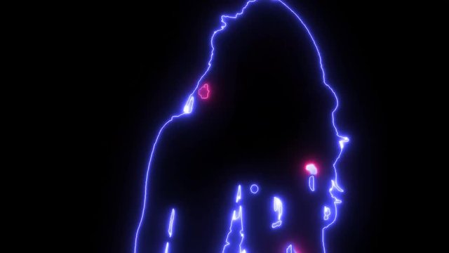 Neon flashing colorful female figure silhouette upset and yelling with a black background in 4K.