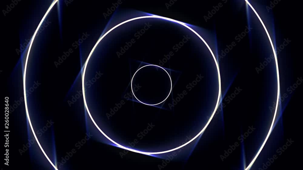Poster abstract neon circles tunnel, seamless loop. animation. white and blue circles moving endlessly in t