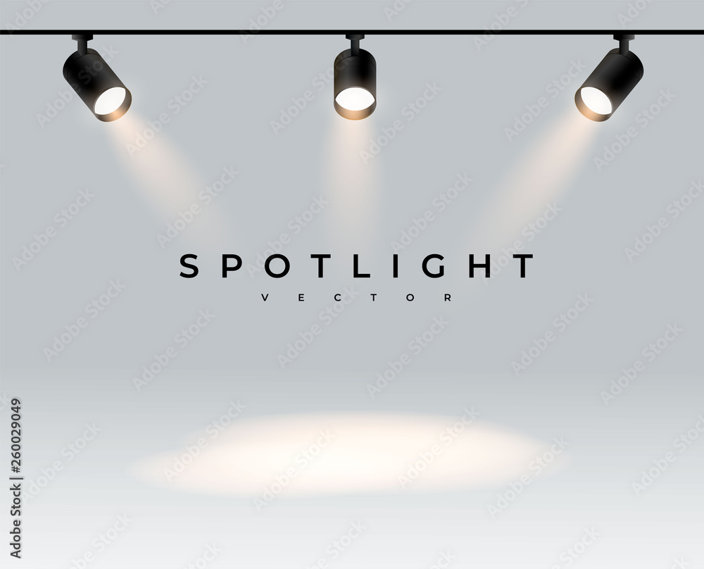 Wall mural three modern spotlights realistic transparent background for show contest or interview.illuminated e