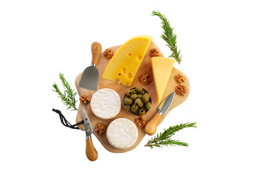 Four types of cheeses - parmesan, gouda, brie and camembert with olives on wooden board with cheese knives