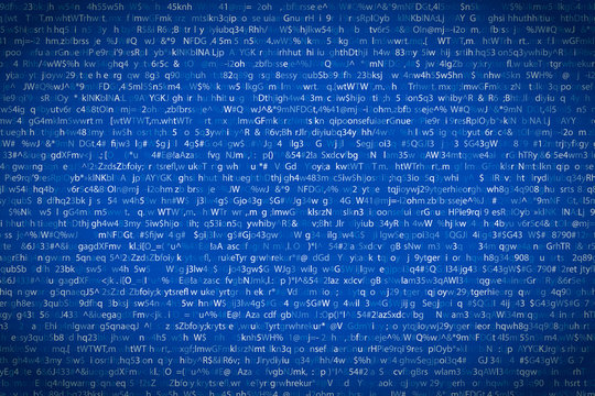 Abstract complicated crypto symbols on blue, data encryption binary code concept