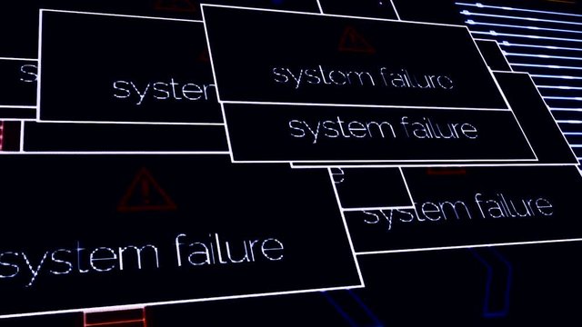 Abstract animaion of warning notifications all over the screen with interference, digital system security alert. Animation. Inscription system failure in popups on the computer monitor.
