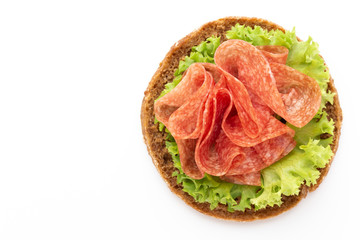 Sandwich with ham sausage on white background.