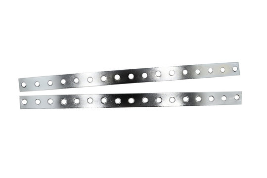 Punched Steel Flat Bar, stark metal strips with holes, stack of stainless steel flat bar isolated on white background