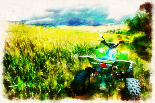 Green Quad in landscape. Computer painting effect.